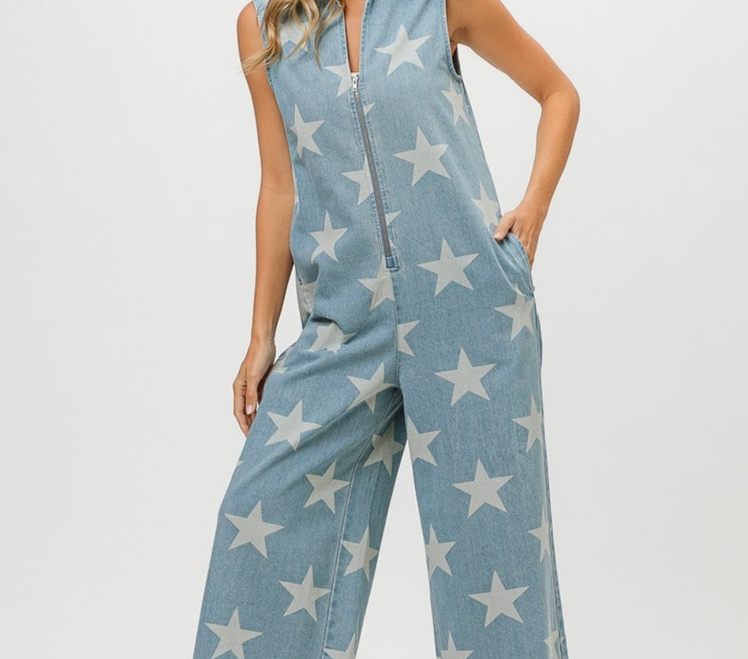 BiBi Star Print Half Zip Sleeveless Denim Jumpsuit