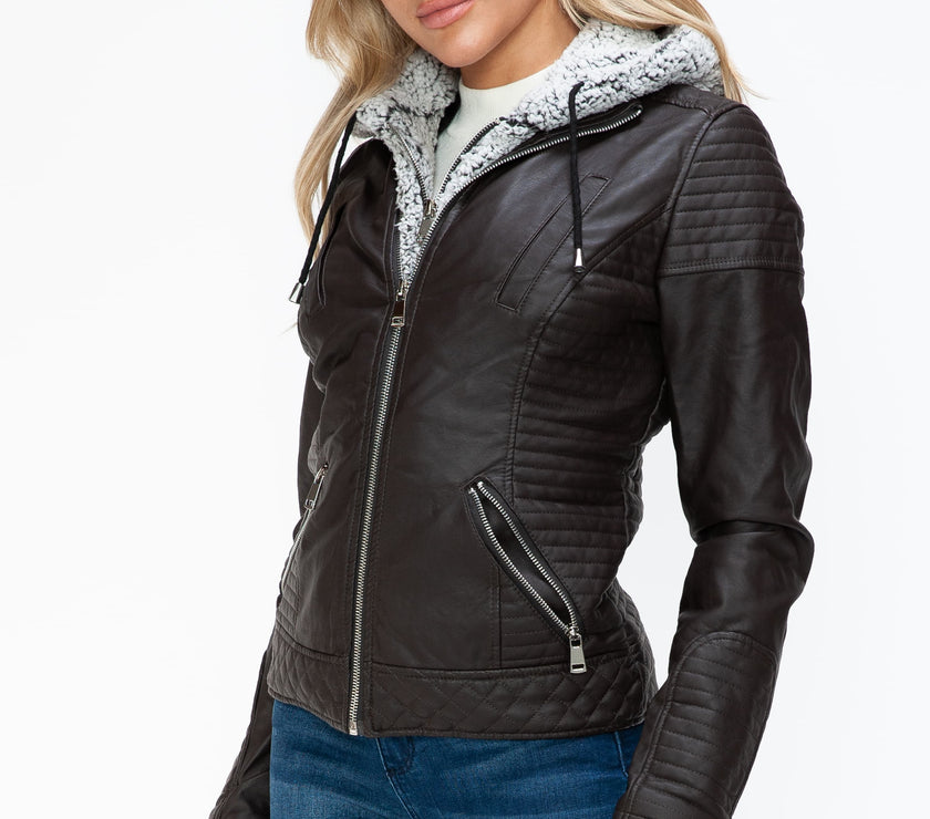 YMI Faux Layered Double-Zipper Jacket with Fuzzy Hood