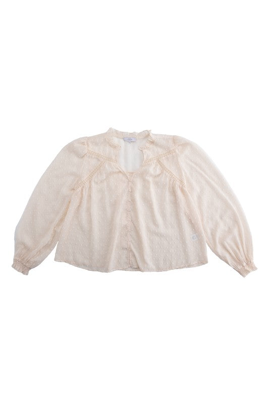 Swiss dot chiffon blouse with ruffled neck