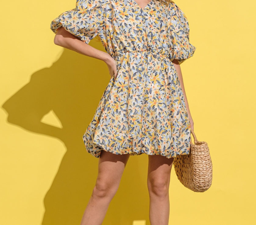 And The Why Full Size Floral Surplice Puff Sleeve Dress