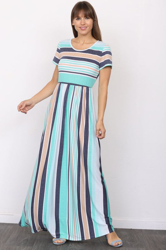 Short Sleeve Stripe Maxi Dress