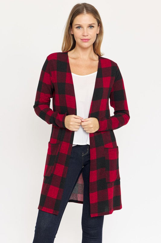 Long Buffalo Plaid Open Cardigan