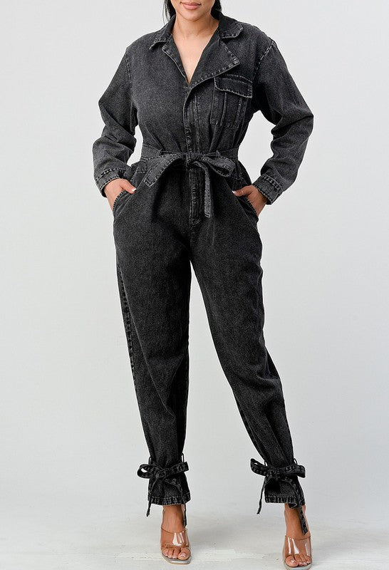 ATHINA BLACK WASHED DENIM TIE DETAIL JUMPSUIT