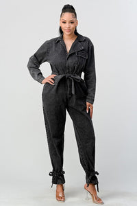 ATHINA BLACK WASHED DENIM TIE DETAIL JUMPSUIT