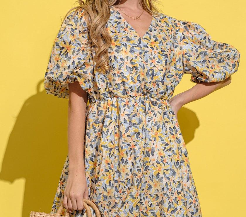 And The Why Full Size Floral Surplice Puff Sleeve Dress