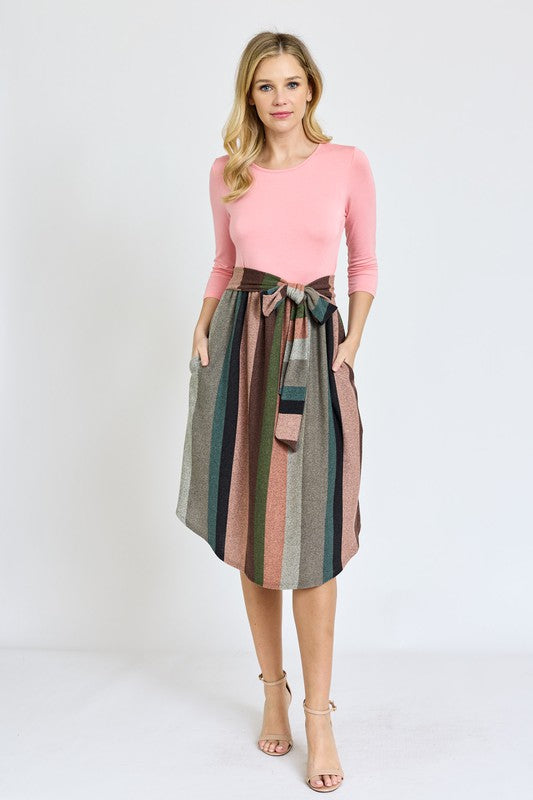 Quarter Sleeve Stripe Sash Midi Dress