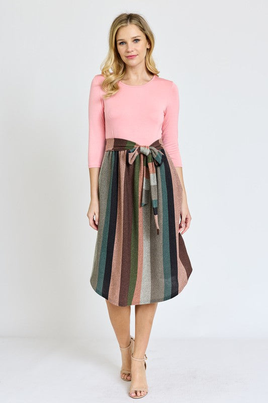 Quarter Sleeve Stripe Sash Midi Dress