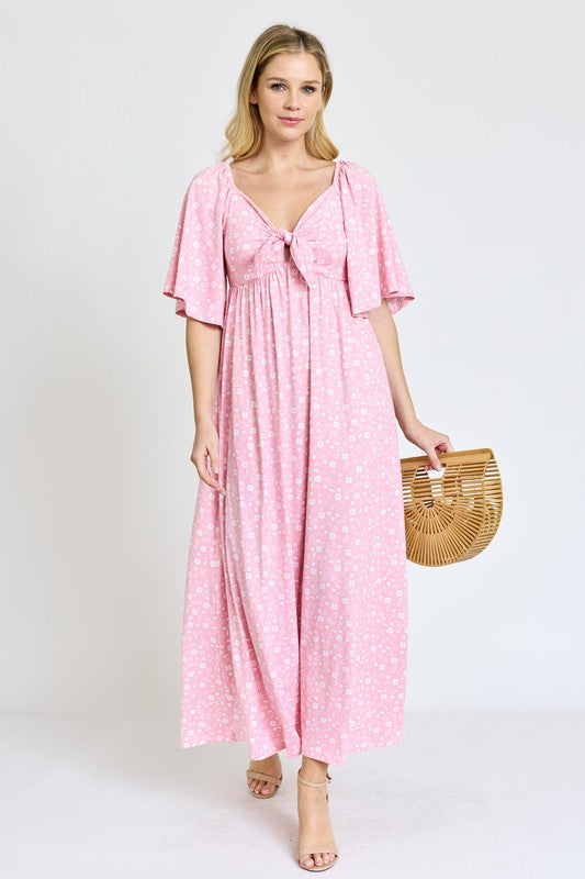 Floral Angel Sleeve Front Tie Maxi Dress