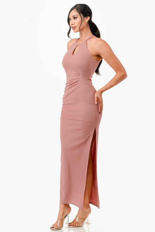 Keyhole A-Line Dress with Pintuck Pleats and Side Slits