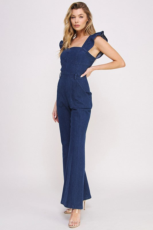 DENIM RUFFLE FLARE LEG JUMPSUIT