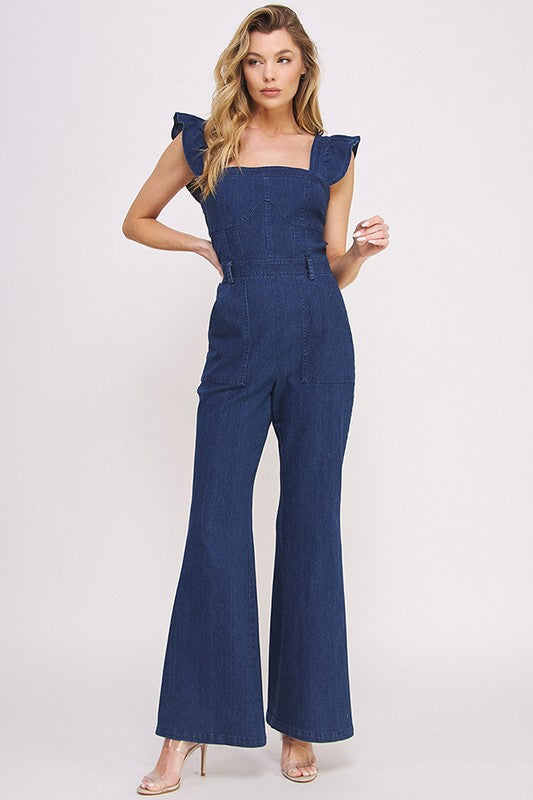 DENIM RUFFLE FLARE LEG JUMPSUIT