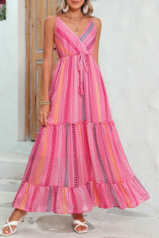 Pink Tribal Tassel Tie V Neck Surplice Maxi Dress