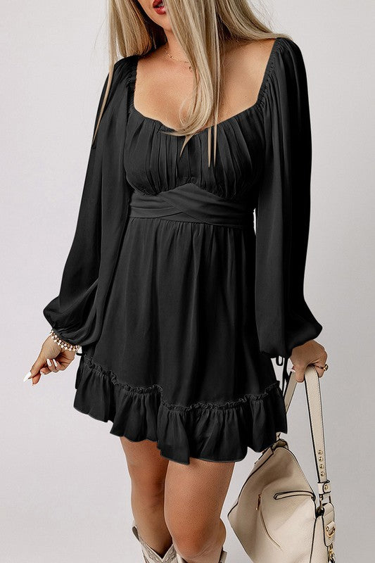 Women Ruffled High Waist Square Neck Mini Dress