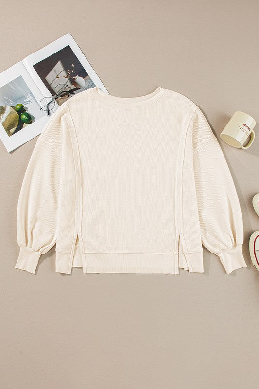 Waffle Knit Bishop Sleeve Oversized Sweatshirt