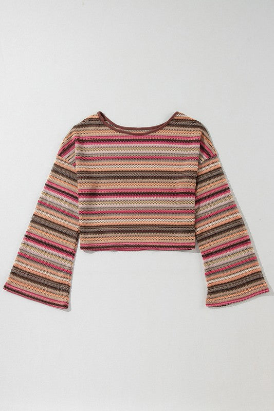 Red Ethnic Striped Wide Cropped Long Sleeve Top