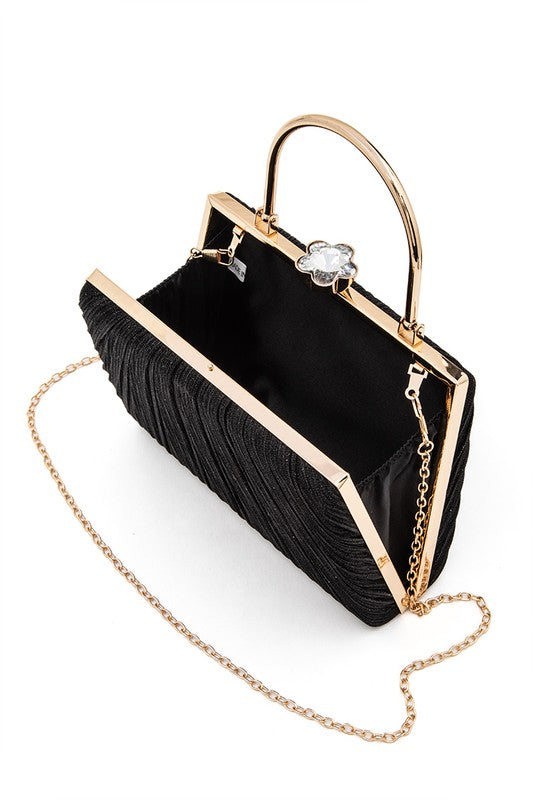 Diamond Clasp Top Handle Pleated Box Clutch