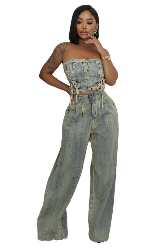 WOMEN FASHION DENIM TWO PIECE PANTS SET