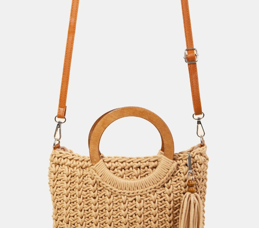 Fame Crochet Knit Convertible Tote Bag with Tassel