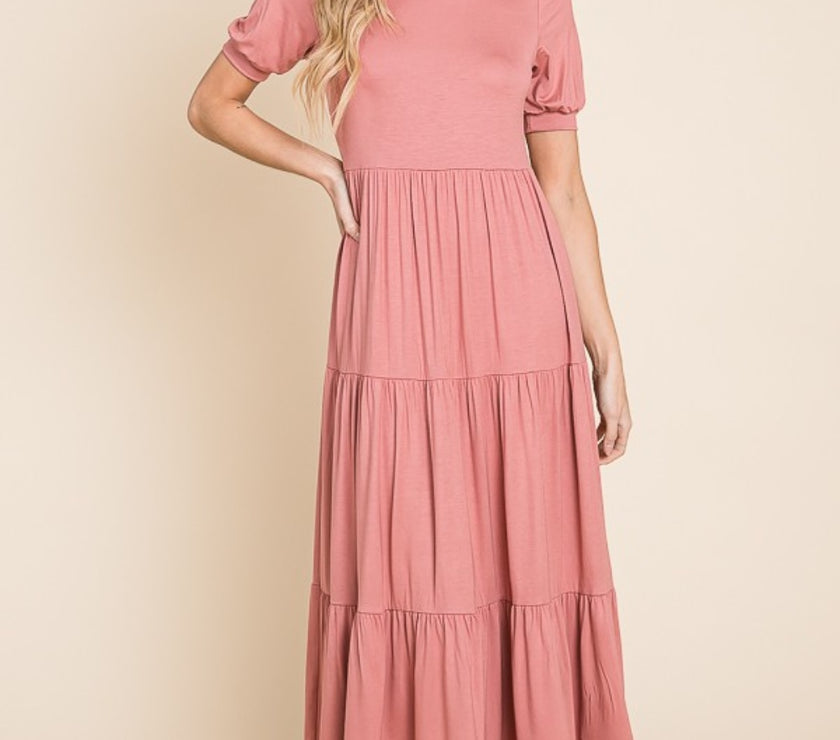 BOMBOM Short Sleeve Tiered Maxi Dress