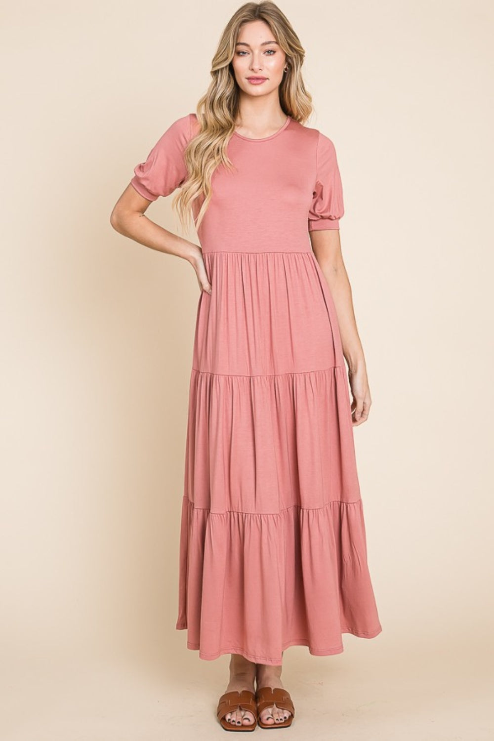 BOMBOM Short Sleeve Tiered Maxi Dress