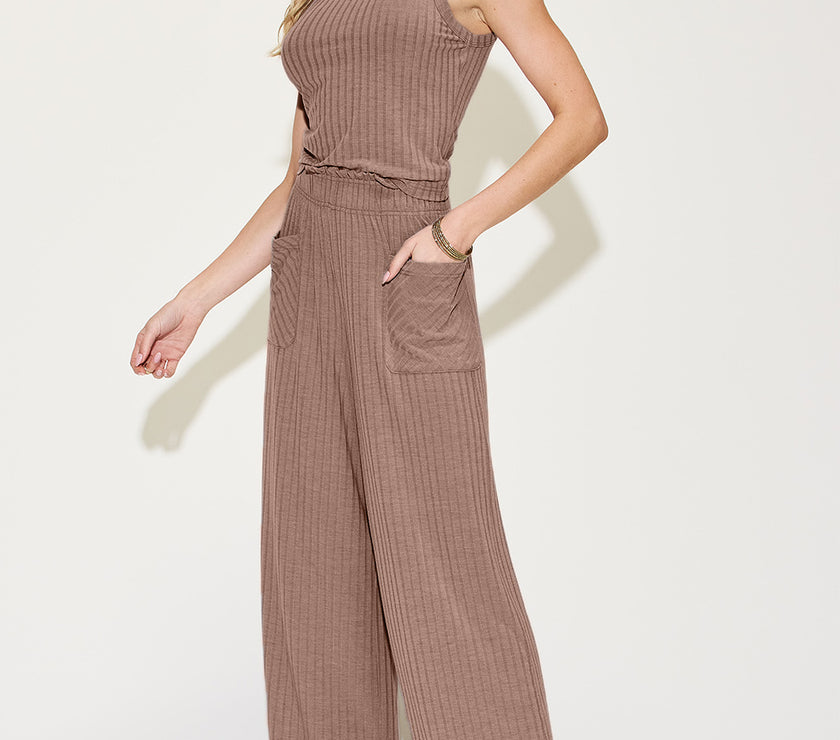 Basic Bae Full Size Ribbed Tank and Wide Leg Pants Set