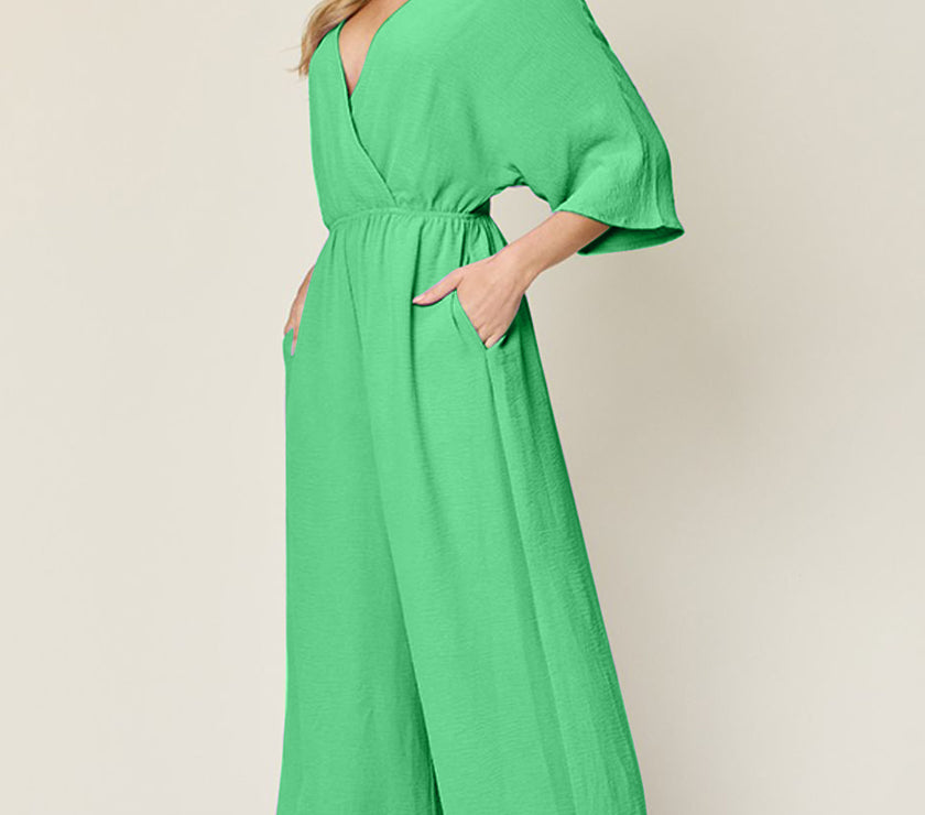 Double Take Full Size Surplice Wide Leg Jumpsuit with Pockets