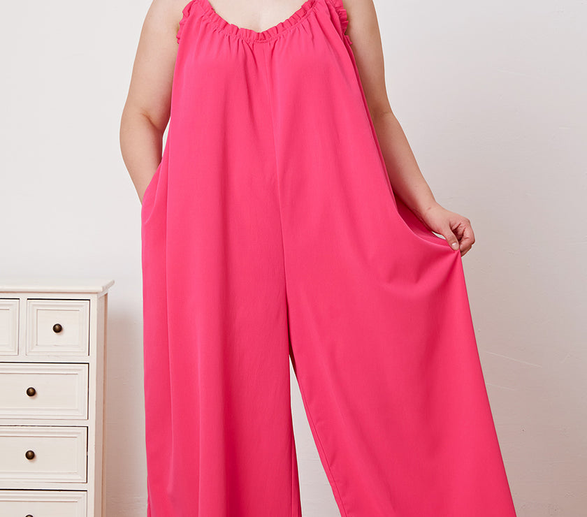 Double Take Full Size Ruffle Trim Tie Back Cami Jumpsuit with Pockets