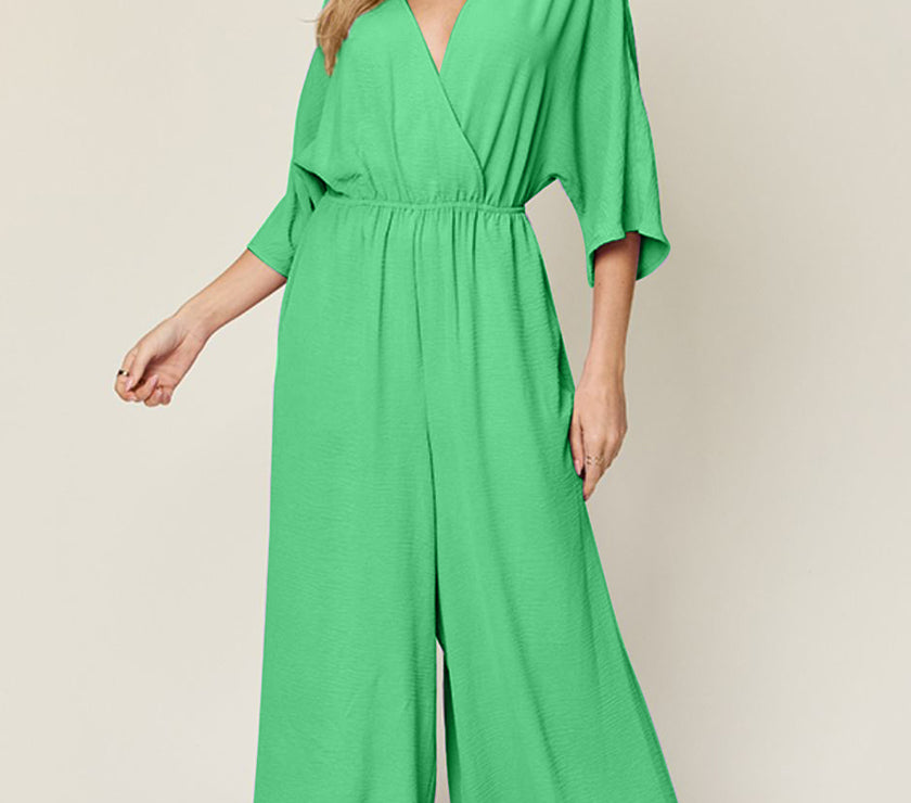 Double Take Full Size Surplice Wide Leg Jumpsuit with Pockets