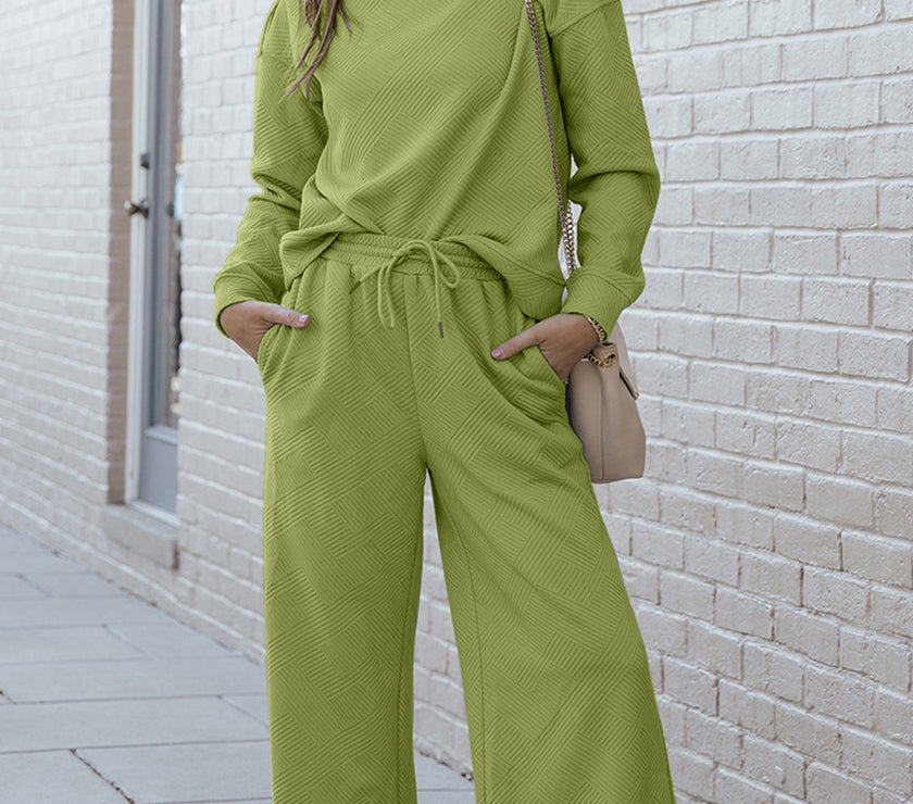 Double Take Full Size Textured Long Sleeve Top and Drawstring Pants Set