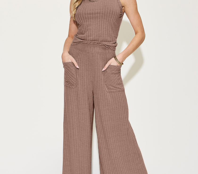 Basic Bae Full Size Ribbed Tank and Wide Leg Pants Set