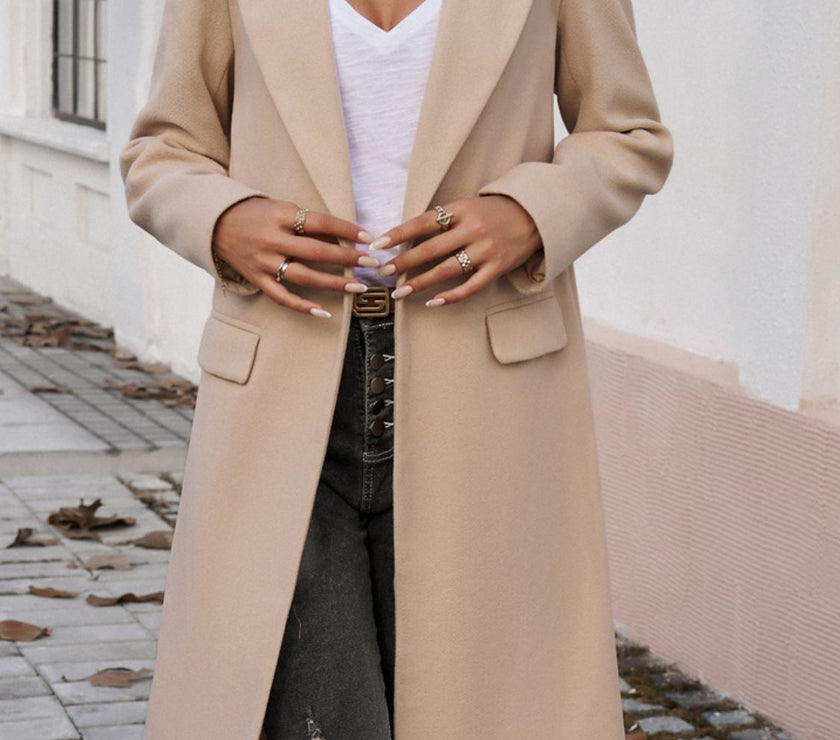 Devine Pocketed Collared Neck Long Sleeve Coat