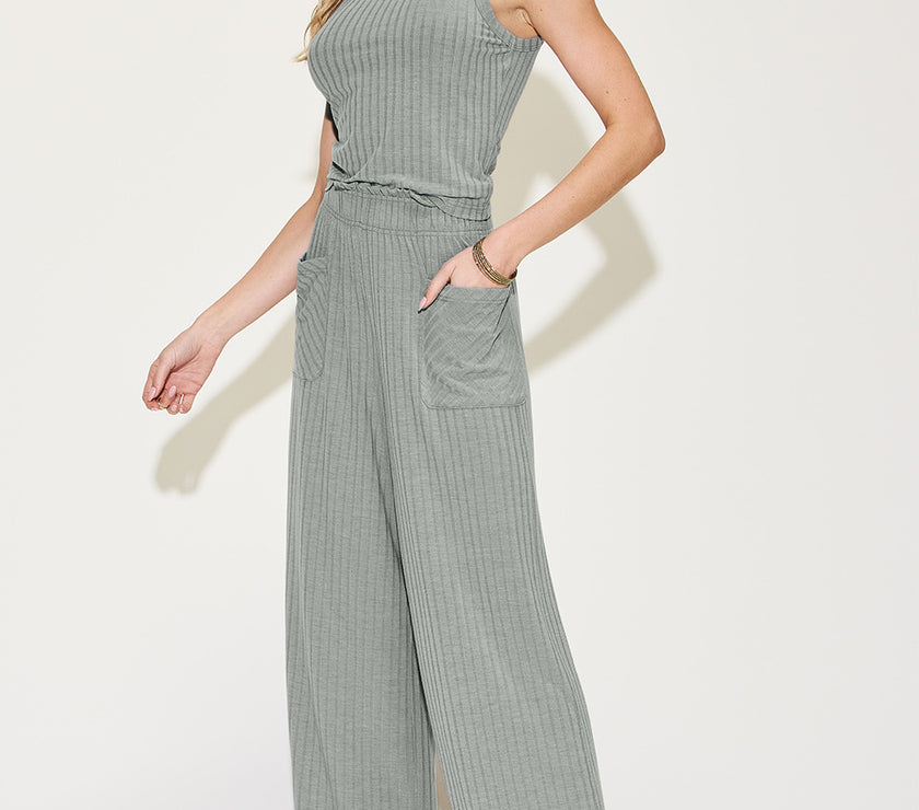 Basic Bae Full Size Ribbed Tank and Wide Leg Pants Set