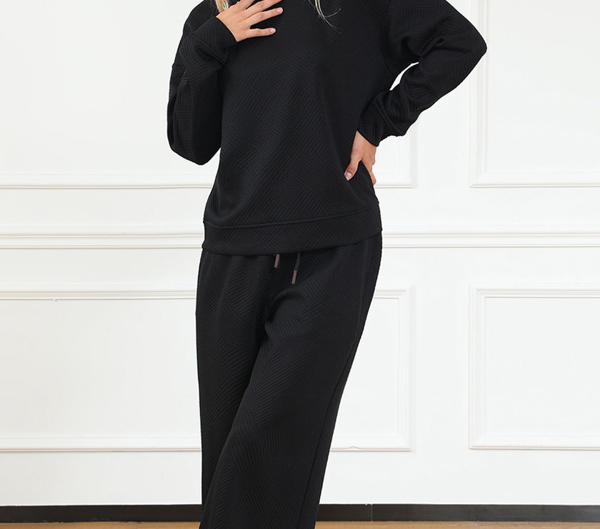 Double Take Full Size Textured Long Sleeve Top and Drawstring Pants Set