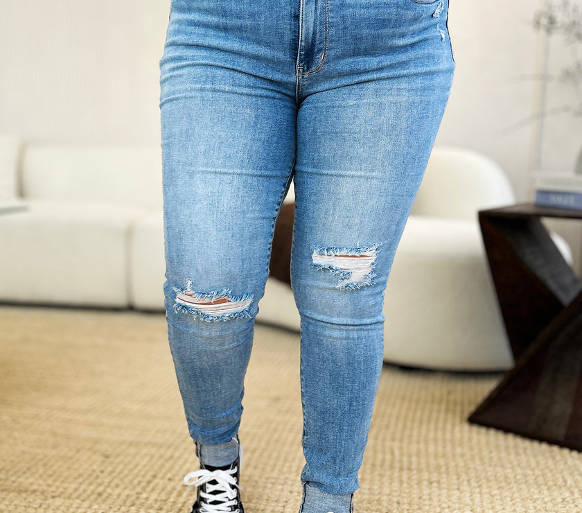 Judy Blue Full Size Mid Rise Destroy & Cuff Skinny Jeans