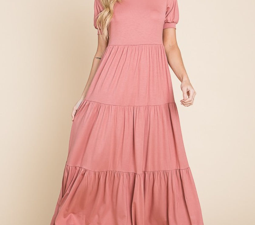 BOMBOM Short Sleeve Tiered Maxi Dress