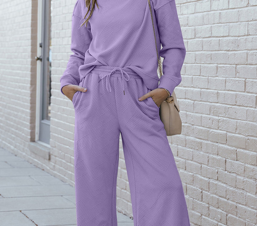 Double Take Full Size Textured Long Sleeve Top and Drawstring Pants Set