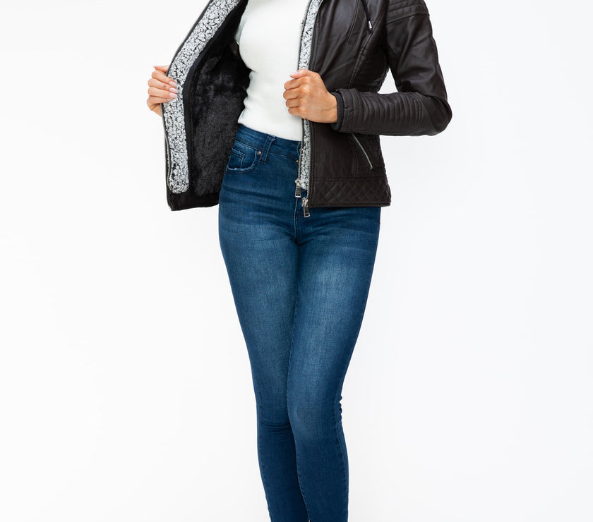 YMI Faux Layered Double-Zipper Jacket with Fuzzy Hood