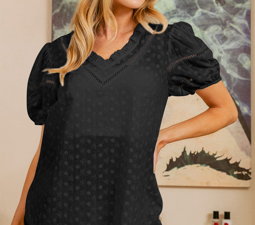 BiBi Ruffled V-Neck Eyelet Puff Sleeve Blouse