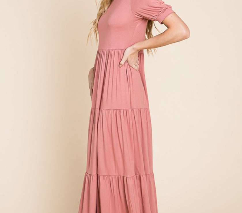 BOMBOM Short Sleeve Tiered Maxi Dress