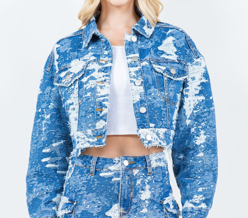 American Bazi Jacquard Trim Cropped Denim Jacket