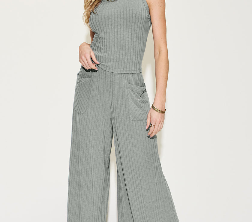 Basic Bae Full Size Ribbed Tank and Wide Leg Pants Set