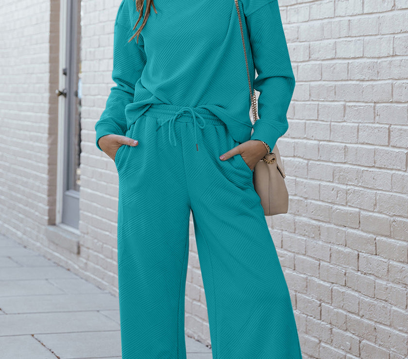 Double Take Full Size Textured Long Sleeve Top and Drawstring Pants Set