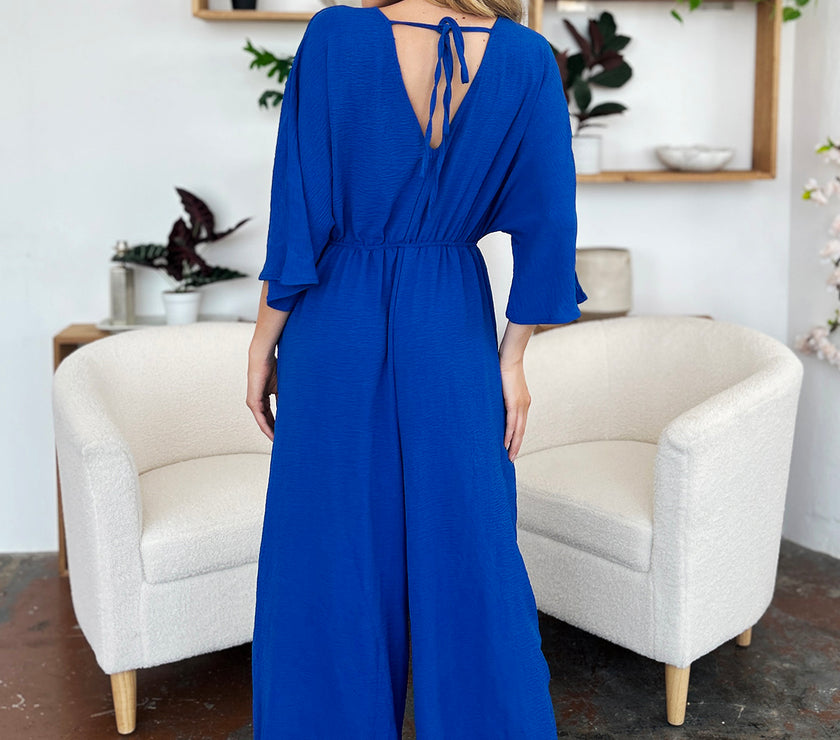 Double Take Full Size Surplice Wide Leg Jumpsuit with Pockets