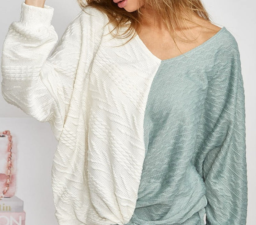 BiBi Twist Front Contrast Cable Knit Top