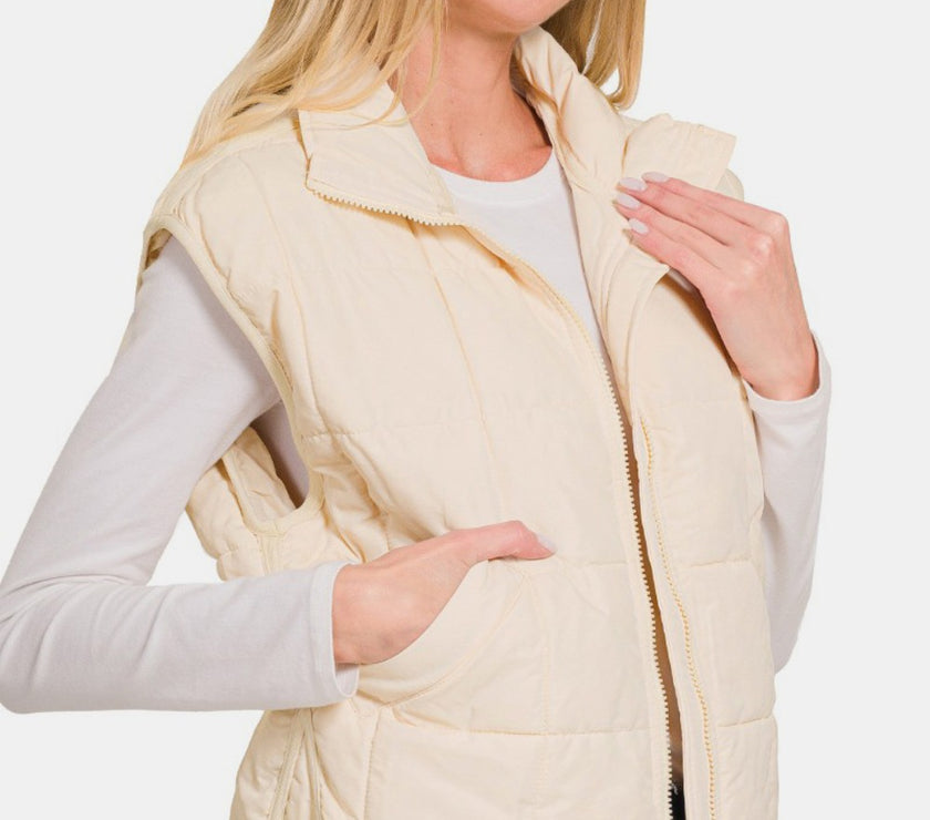 Zenana Zip Up Cropped Puffer Vest with Pockets