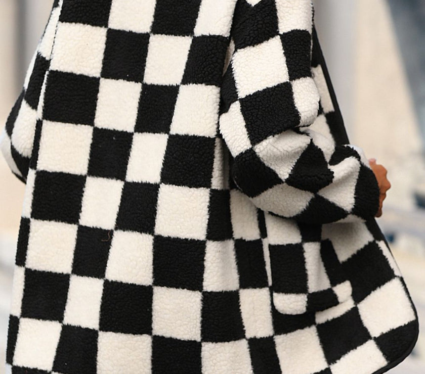 Double Take Full Size Checkered Button Front Coat with Pockets