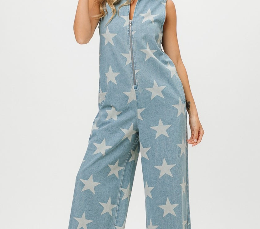 BiBi Star Print Half Zip Sleeveless Denim Jumpsuit