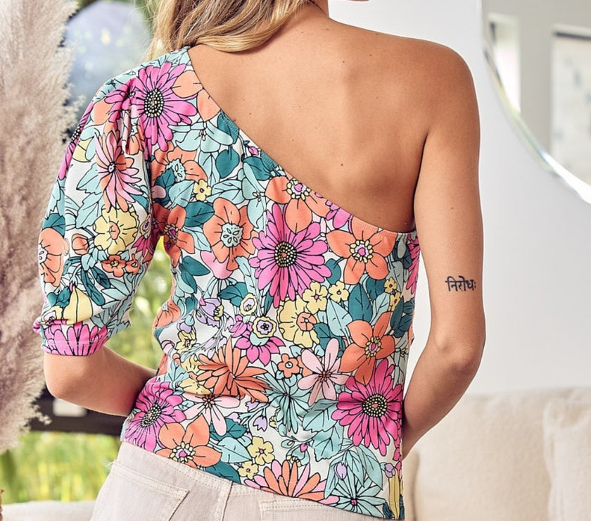 BiBi Floral Puff Sleeve One Shoulder Top