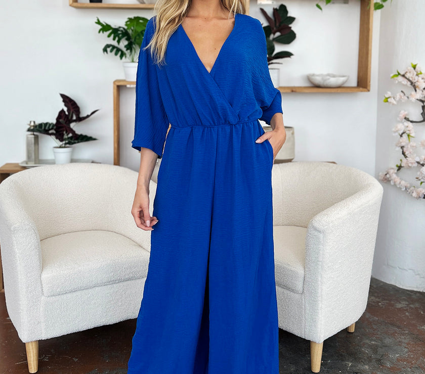 Double Take Full Size Surplice Wide Leg Jumpsuit with Pockets