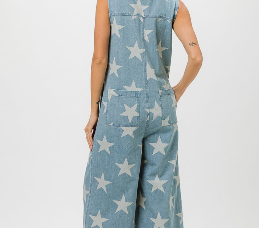 BiBi Star Print Half Zip Sleeveless Denim Jumpsuit